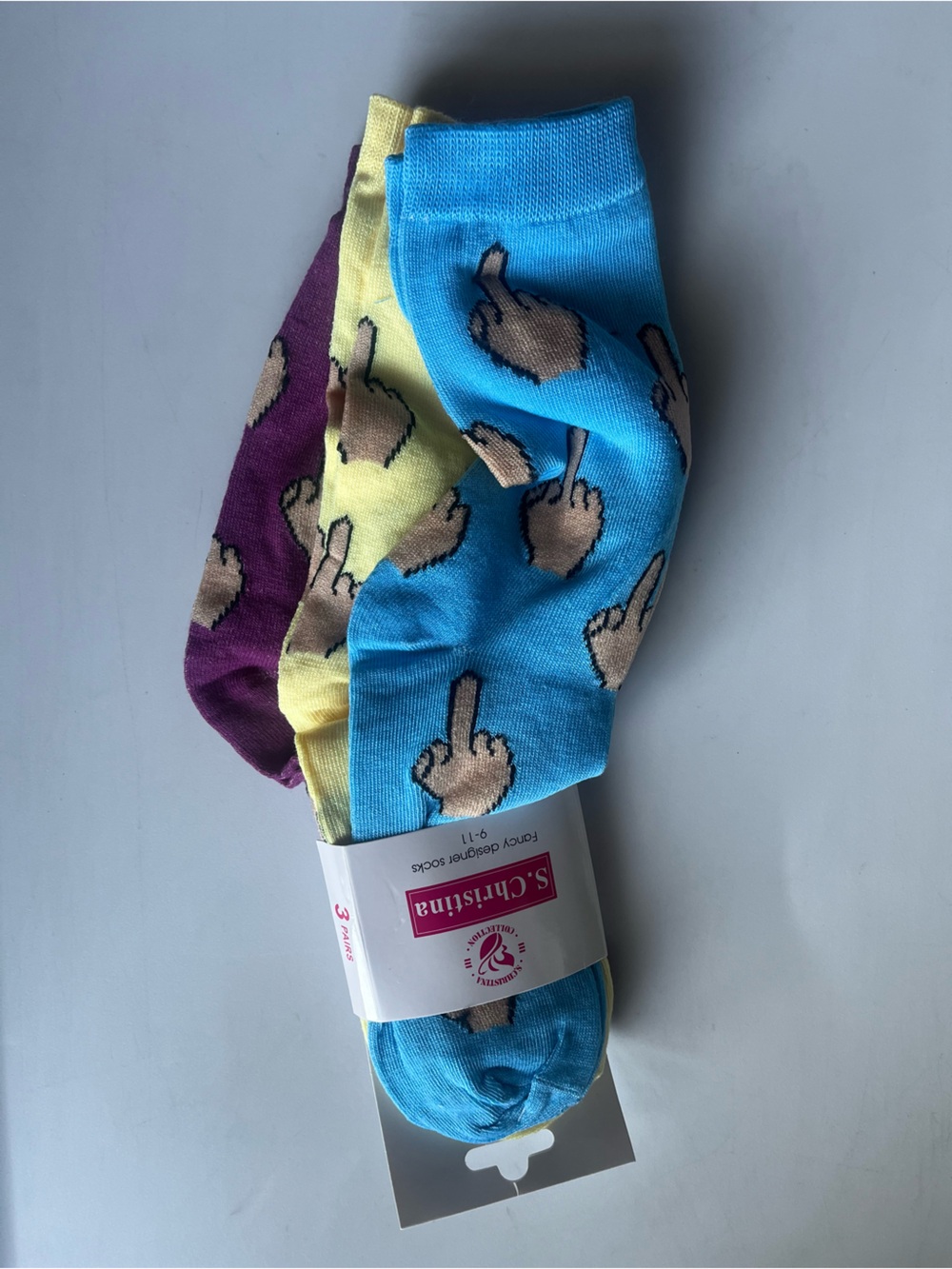 Christina Men's Novelty Middle Finger Crew Socks - Blue, Yellow, Purple - 3 Pack